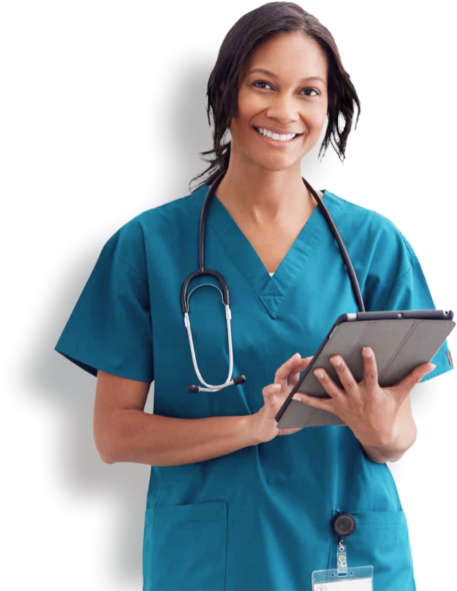 Smiling female healthcare professional in teal scrubs with a stethoscope around her neck, holding and using a digital tablet